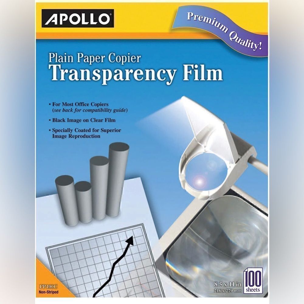 Apollo Plain Paper Copier Transparency Film, Black On Clear, Box Of 100